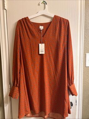 a new day Rust Printed Long-Sleeve V-Neck Shift Dress